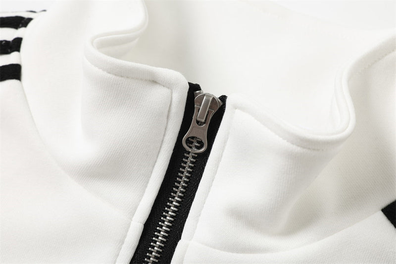 Zip-Up Track Jacket with Stripe Sleeves & Distressed Wash