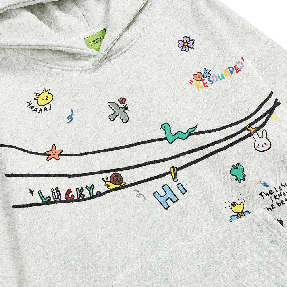 Sweat à capuche oversize à enfiler, motif cartoon – Imprimé doodle fantaisiste