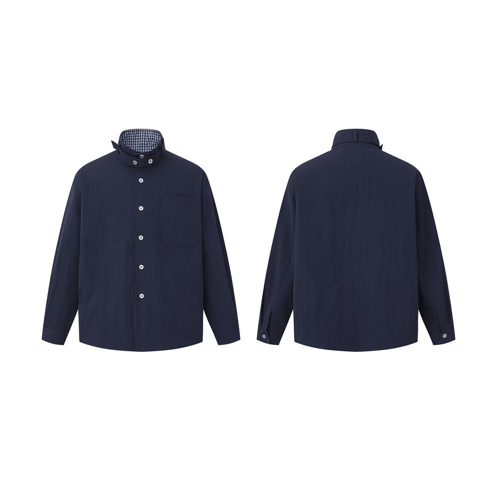 High-Collar Overshirt – Relaxed Fit Long-Sleeve Button-Up with Plaid Inner