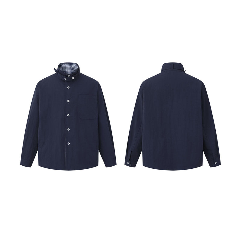 High-Collar Overshirt – Relaxed Fit Long-Sleeve Button-Up with Plaid Inner