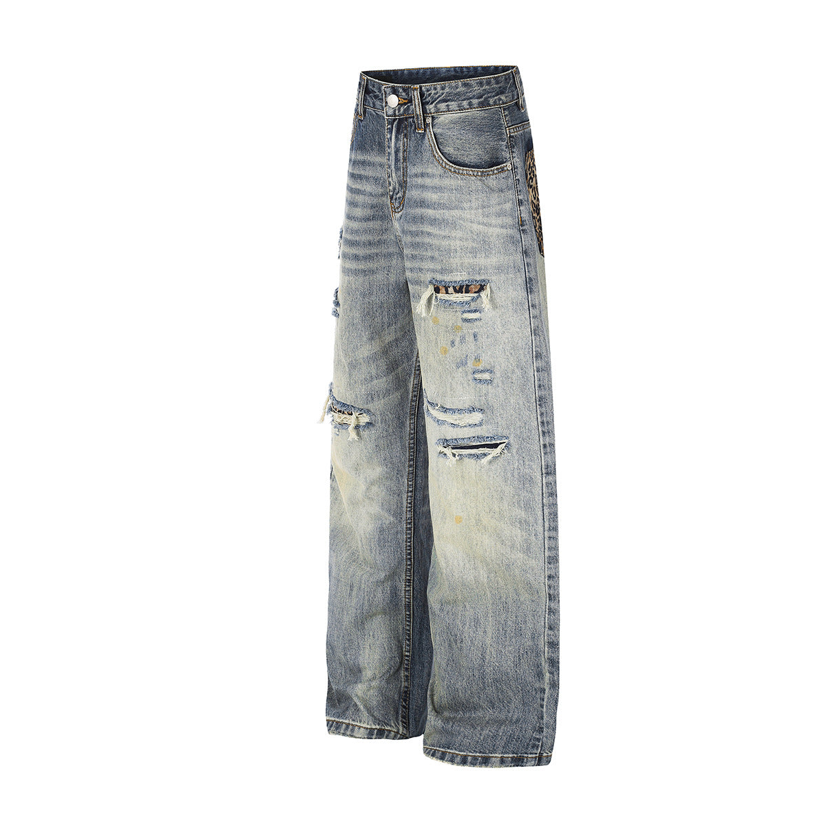 Jean baggy bleu clair à poches léopard – Denim large délavé et déchiré