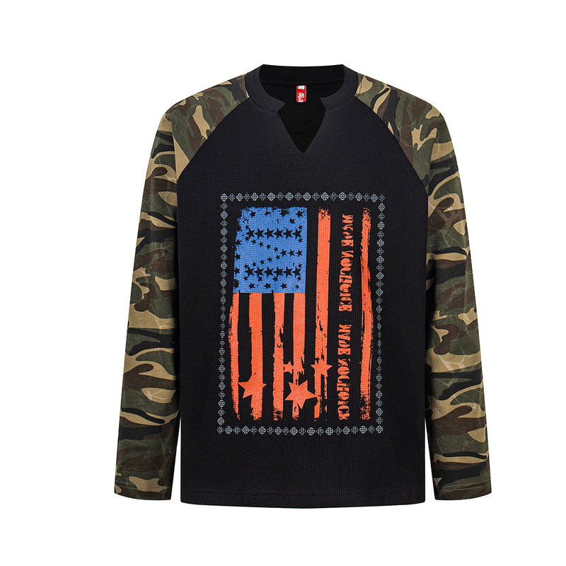 American Flag Camo Raglan Long-Sleeve Shirt – Waffle Knit Body, V-Notch Neck
