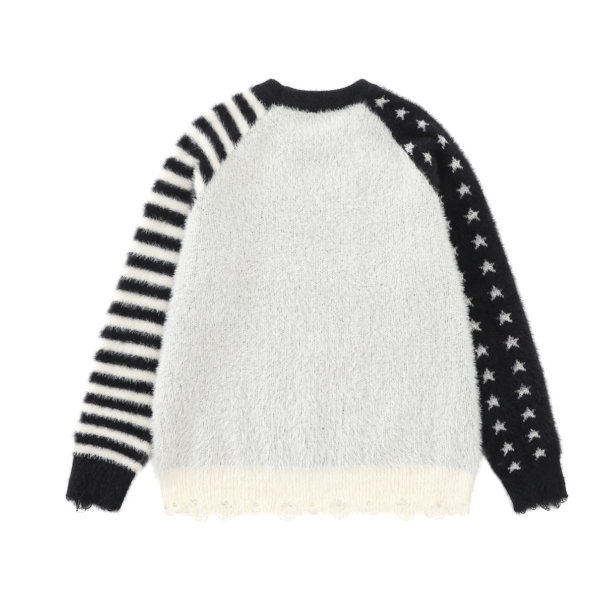 Cartoon Rabbit Angel Knit Sweater – Mixed Star & Stripe Fuzzy Pullover with