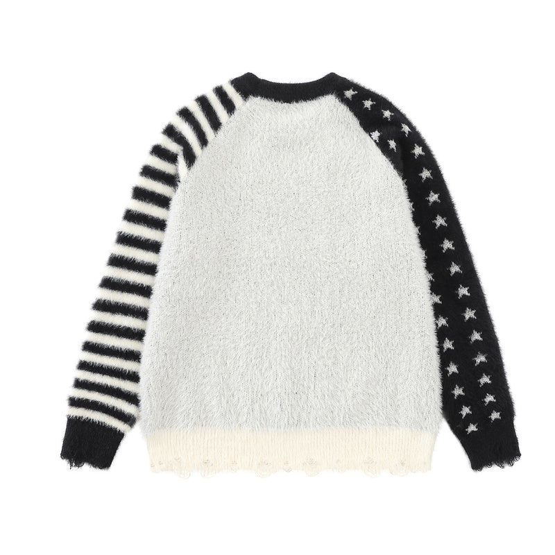 Cartoon Rabbit Angel Knit Sweater – Mixed Star & Stripe Fuzzy Pullover with