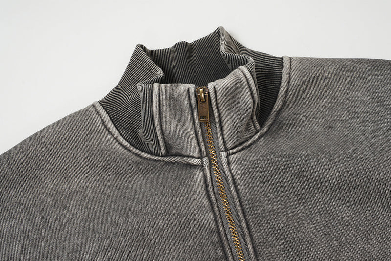 Acid Wash Zip-Up Fleece Jacket – Stand Collar, Vintage Moto Style