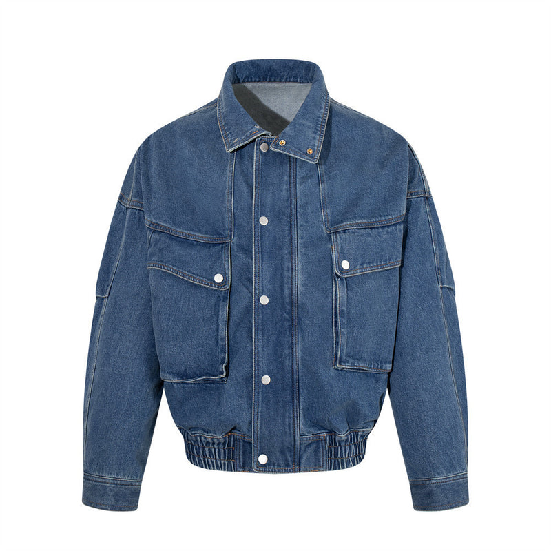 Veste bomber cargo oversize en denim pour homme – Col montant, grandes poches plaquées