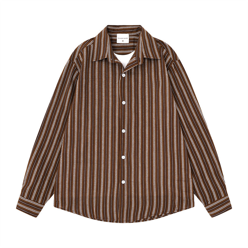 Men's oversized long sleeve vertical striped shirt with faux-layered camp collar in brown, front view