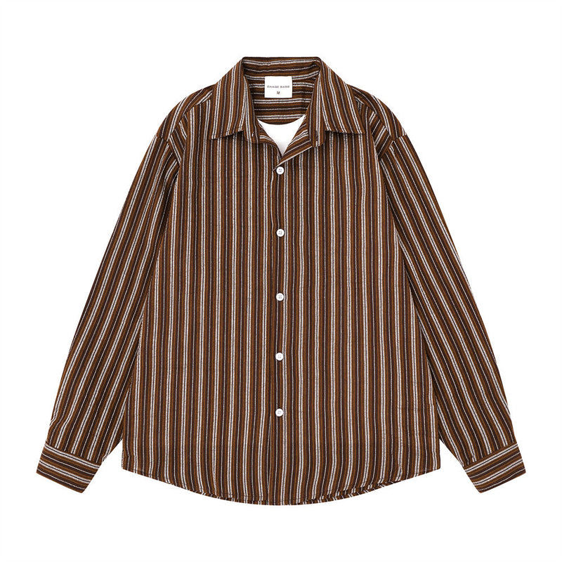 Men's oversized long sleeve vertical striped shirt with faux-layered camp collar in brown, front view