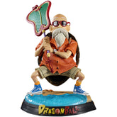 The Seakoff Master Roshi Collectible Figure features Roshi in sunglasses, an orange shirt, and shorts. He sits on a turtle shell holding a large fan. The base displays the Dragon Ball logo.