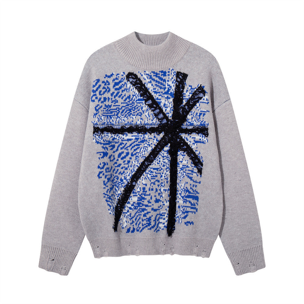 Men's oversized jacquard knit pullover sweater with Union Jack graphic in black with red detailing, front and back view