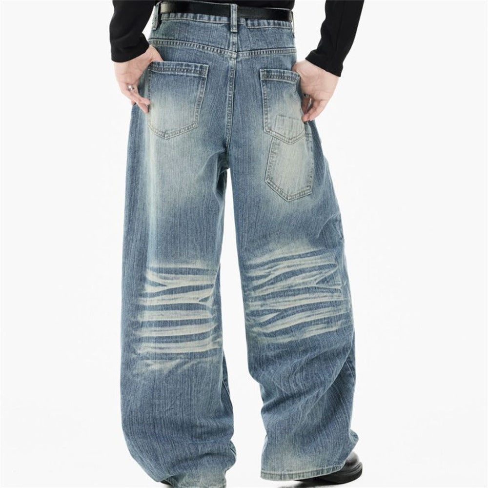 Light Blue Baggy Jeans Men – Vintage Wash Wide-Leg Denim with Punk Embroidery