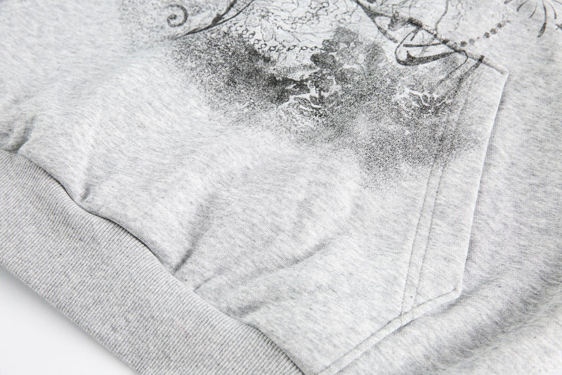 Faux Fur Trim Half-Zip Hoodie with Gothic Floral Graphic Print
