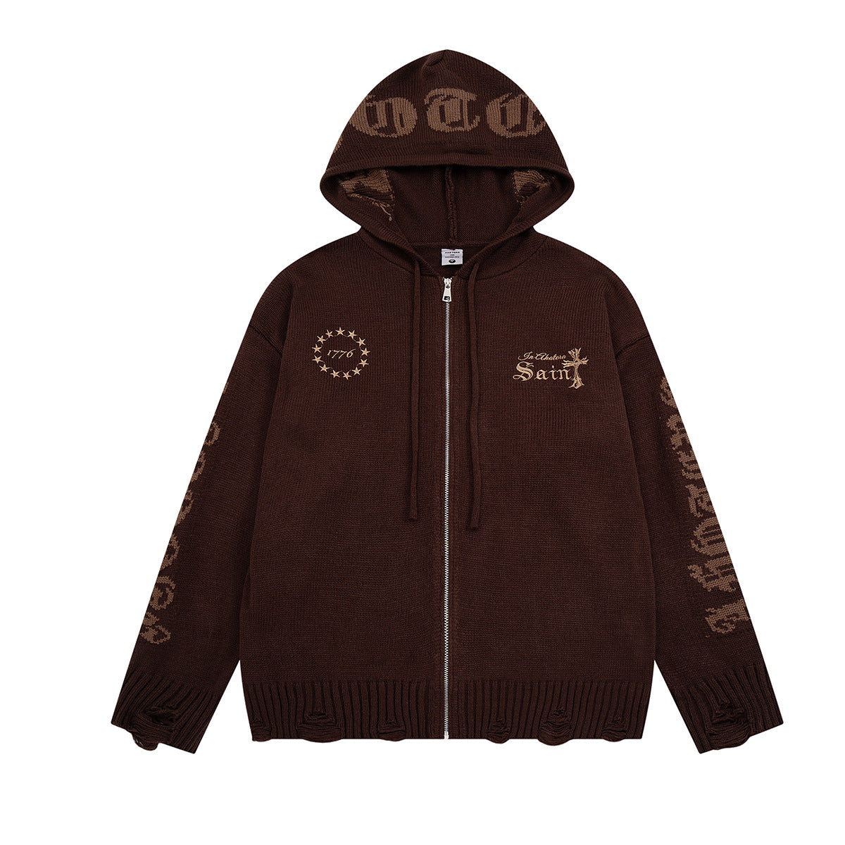 Sudadera de punto con cremallera y cruz gótica – Cárdigan de streetwear americano desgastado