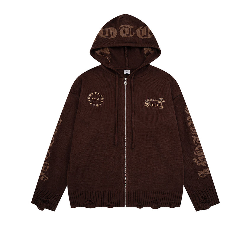 Sudadera de punto con cremallera y cruz gótica – Cárdigan de streetwear americano desgastado