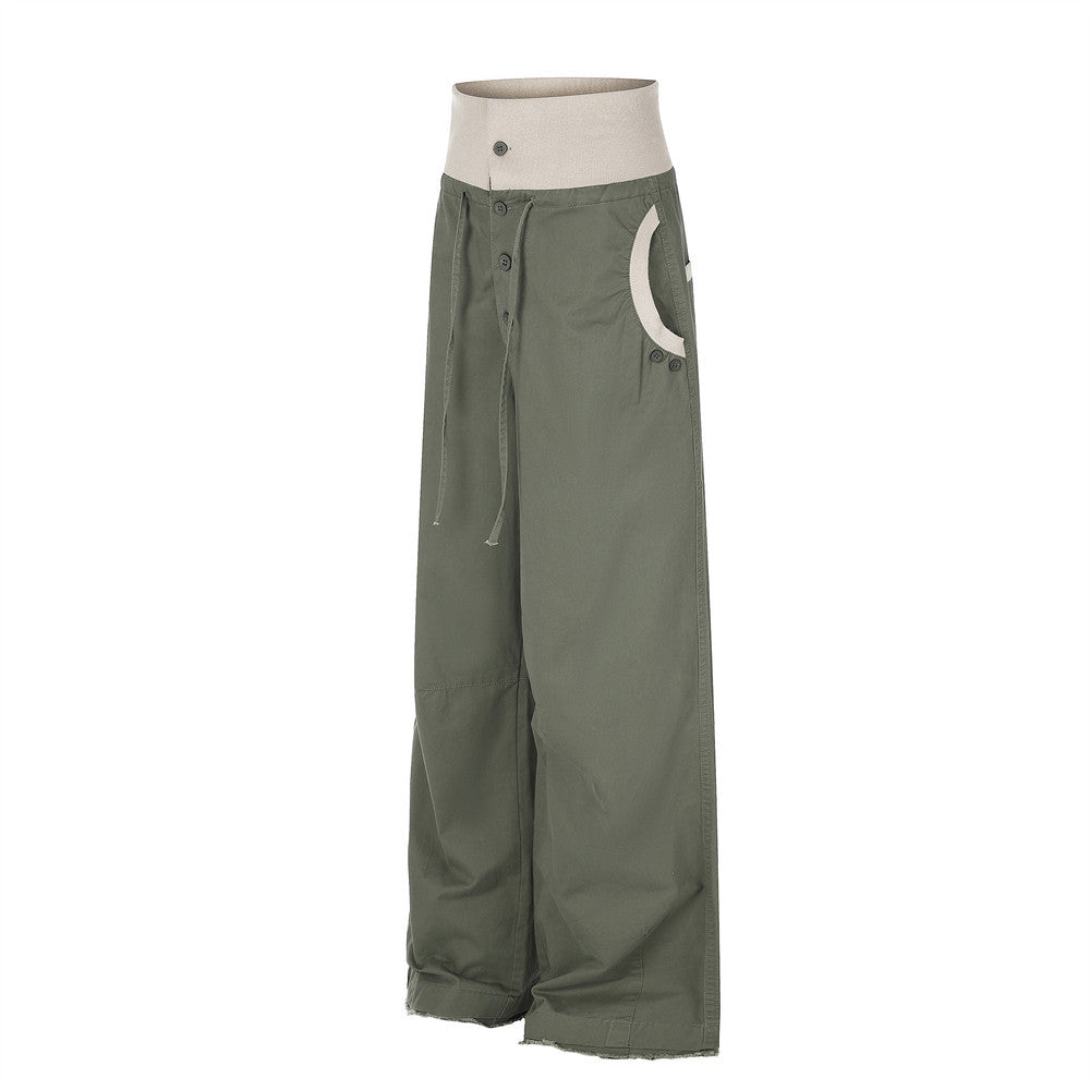 Pantalon palazzo à jambes larges – Taille haute, braguette à boutons, ceinture côtelée et ourlet brut