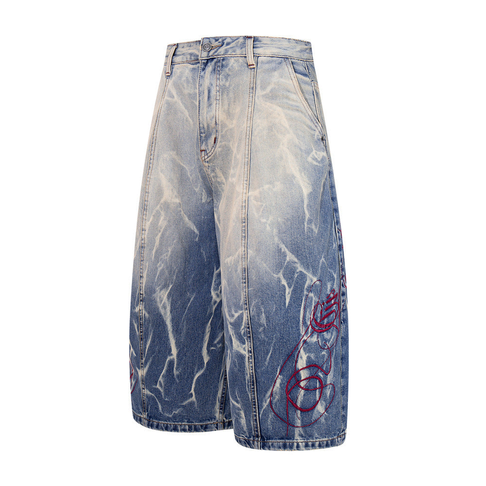 Tie-Dye Washed Denim Shorts – Wide-Leg Embroidered Vintage Punk Style