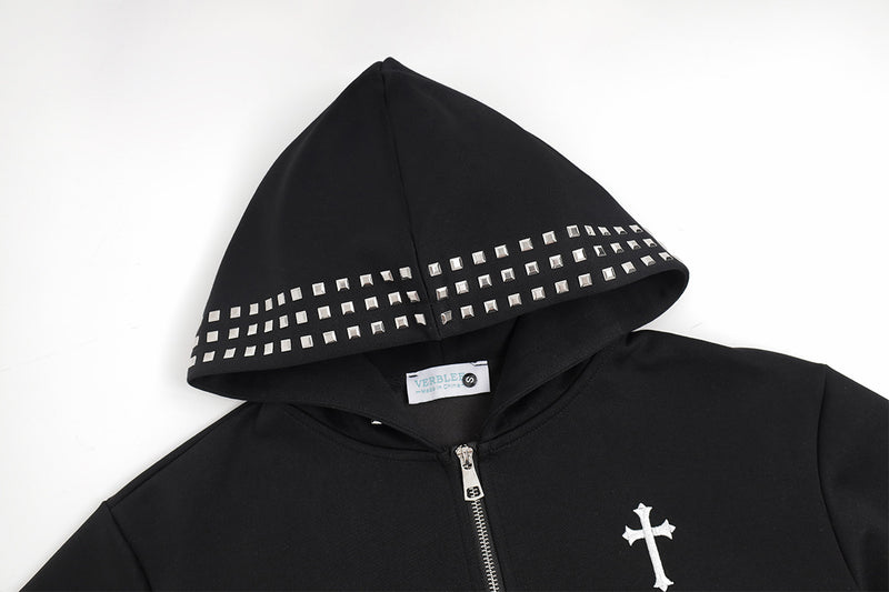 Sweat à capuche zippé court avec capuche cloutée et broderie croix