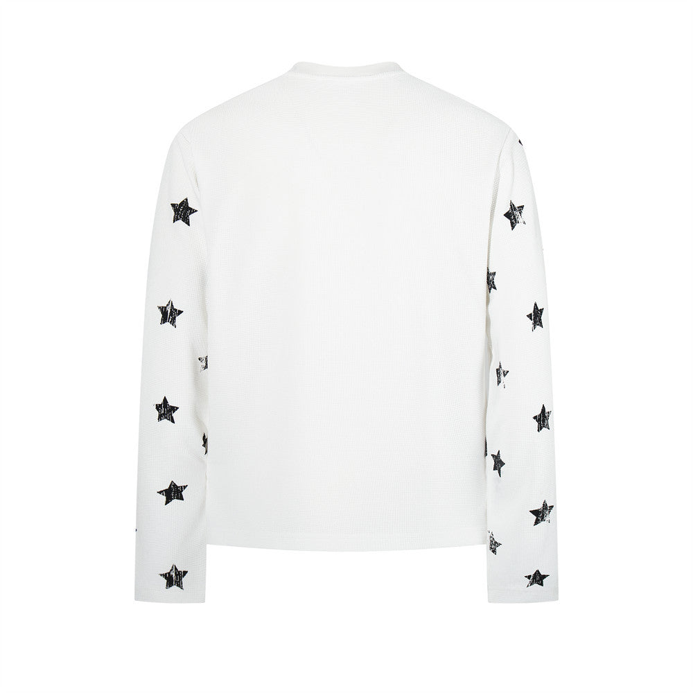 Crucifix Hardcore Graphic Long Sleeve Waffle-Knit Tee – White Star Print