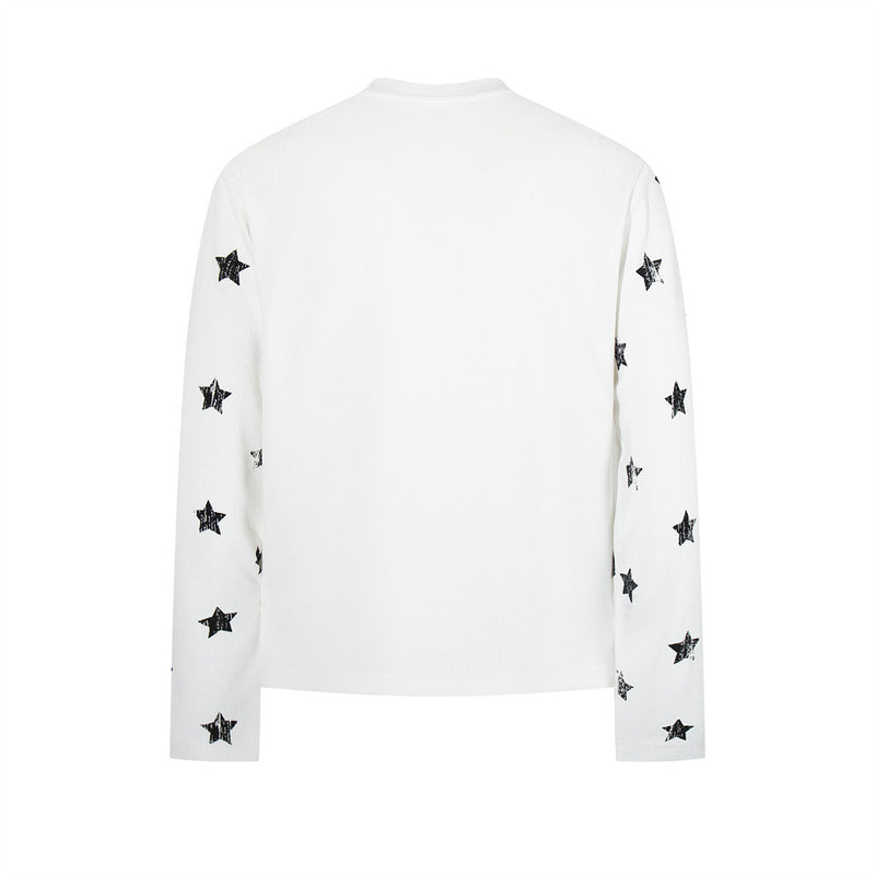 Crucifix Hardcore Graphic Long Sleeve Waffle-Knit Tee – White Star Print
