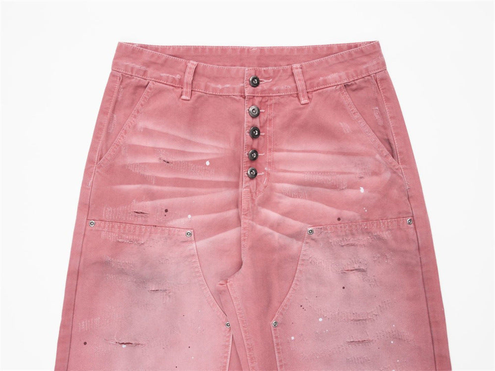 Rosa Wide-Leg-Canvas-Hose mit Destroyed-Details – Paint-Splatter-Workwear-Jeans