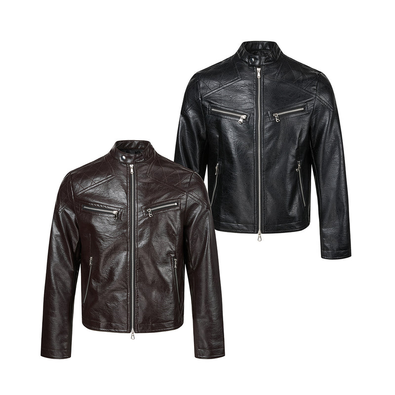 Faux Leather Moto Biker Jacket – Stand Collar with Zip Pockets