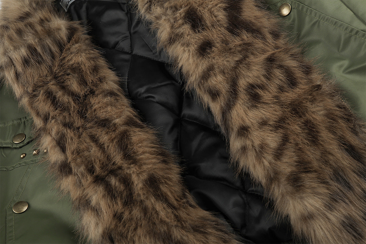 Army Green Bomber Jacket with Leopard Faux Fur Collar & Studs