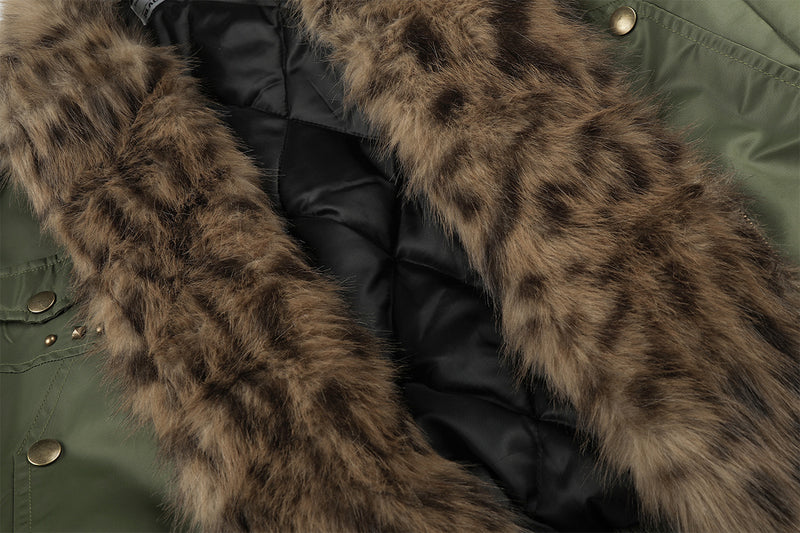 Army Green Bomber Jacket with Leopard Faux Fur Collar & Studs