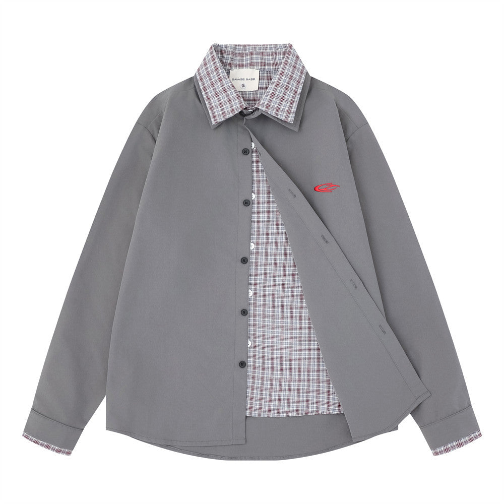 Men's Faux Two-Piece Plaid Collar Long Sleeve Shirt – Double-Layer Spliced