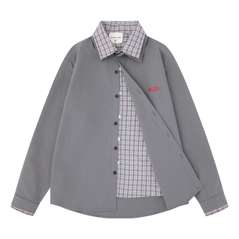 Men's Faux Two-Piece Plaid Collar Long Sleeve Shirt – Double-Layer Spliced