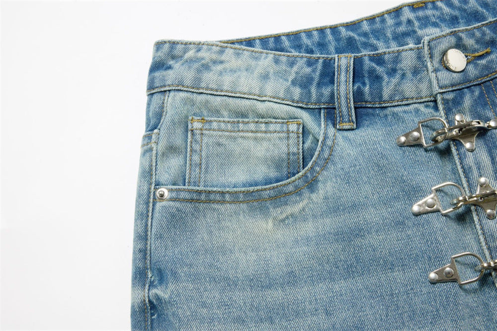 Men's Light Wash Jeans – Floral Embroidery, Metal Clasp Fly & Straight Leg