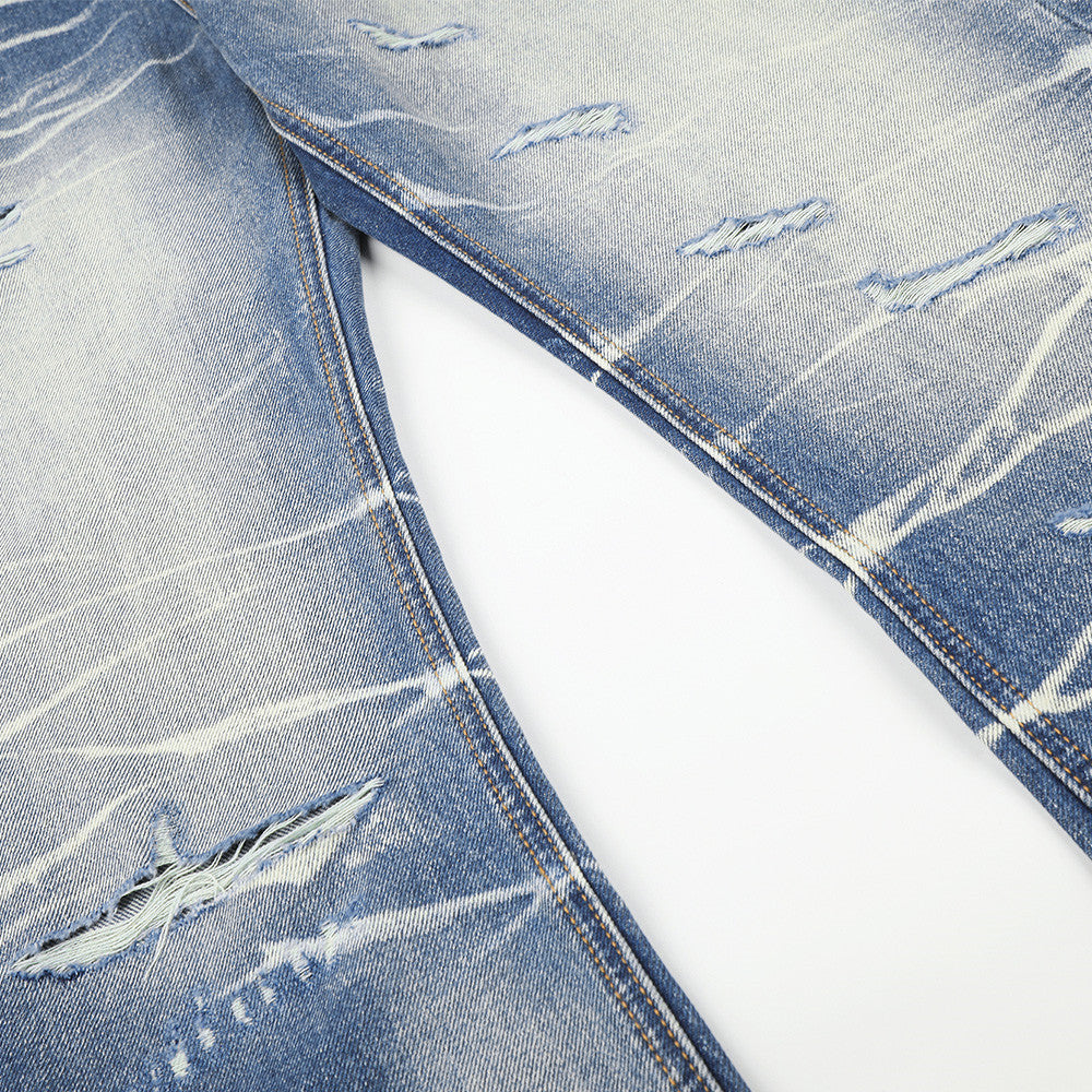 Wide-Leg Distressed Jeans – Lightning Wash Vintage Blue Straight-Fit Denim