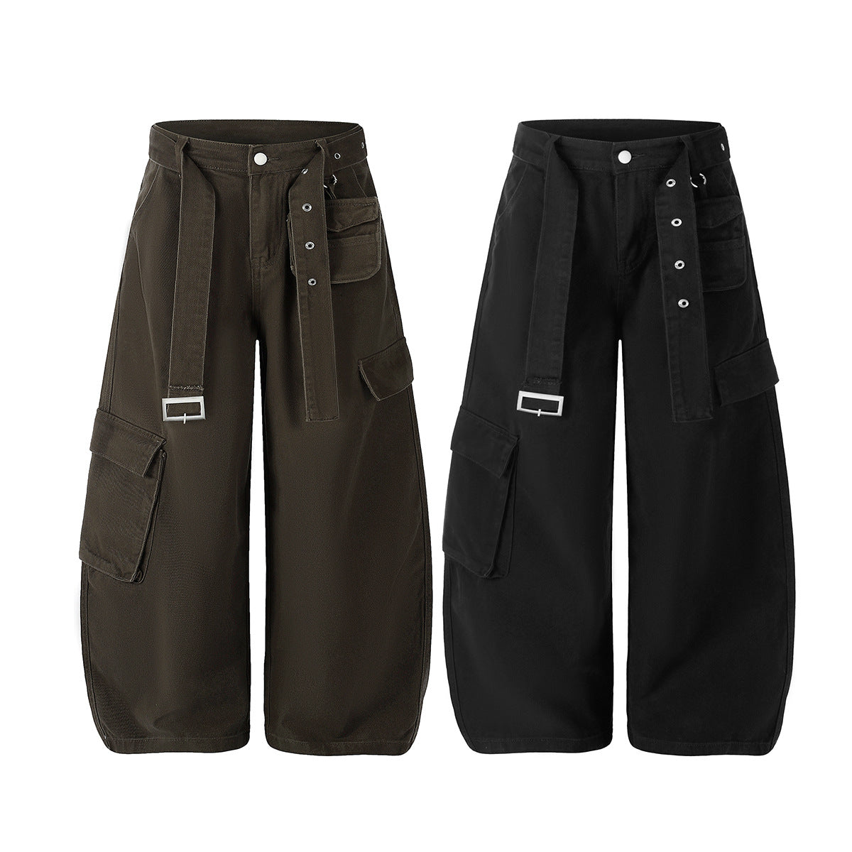 Wide-Leg Cargo Pants with Belt — Multi-Pocket Relaxed Fit