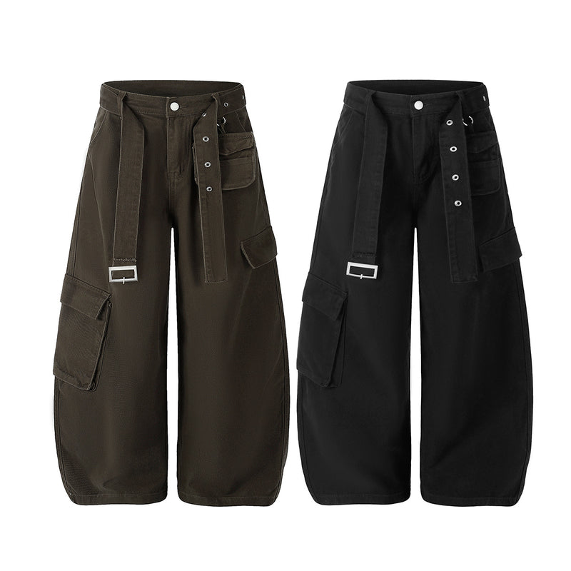 Wide-Leg Cargo Pants with Belt — Multi-Pocket Relaxed Fit