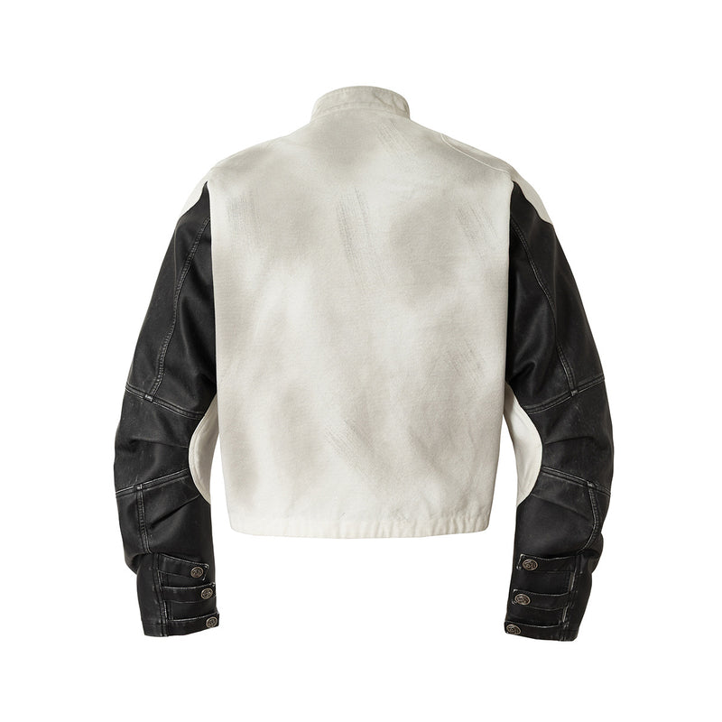 Veste moto à imprimé tête de mort – Blouson biker à col montant et manches bicolores en similicuir PU