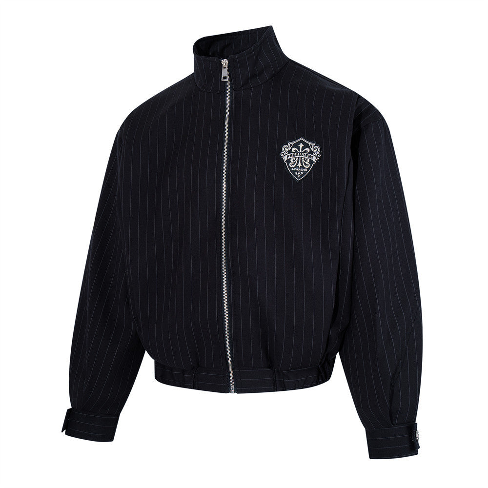 Pinstripe Stand-Collar Bomber Jacket – Relaxed Fit Men's Baseball Jacket