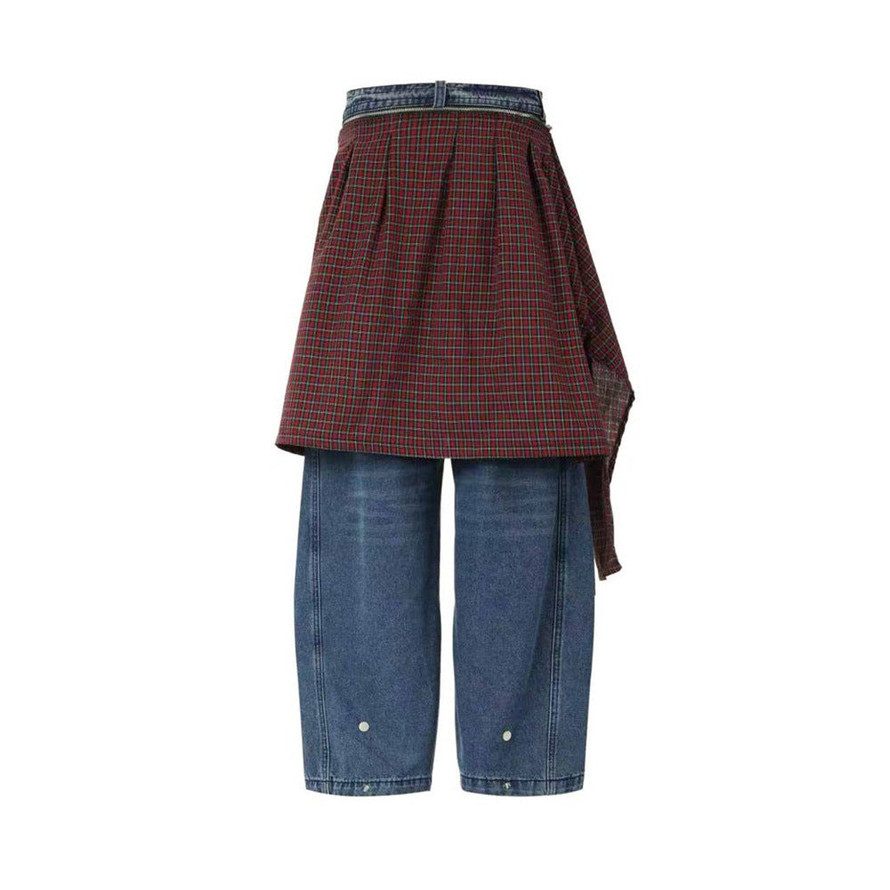 Wide-Leg Baggy Jeans with Detachable Plaid Skirt Overlay — Men's Punk Street