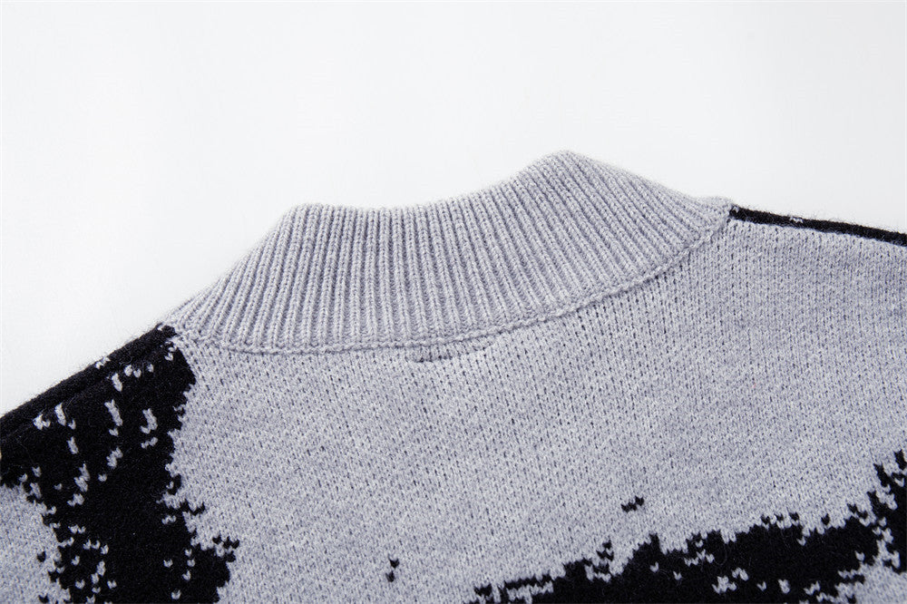 Ink-Splash-Strick-Cardigan mit Reißverschluss – Oversized-Stehkragen