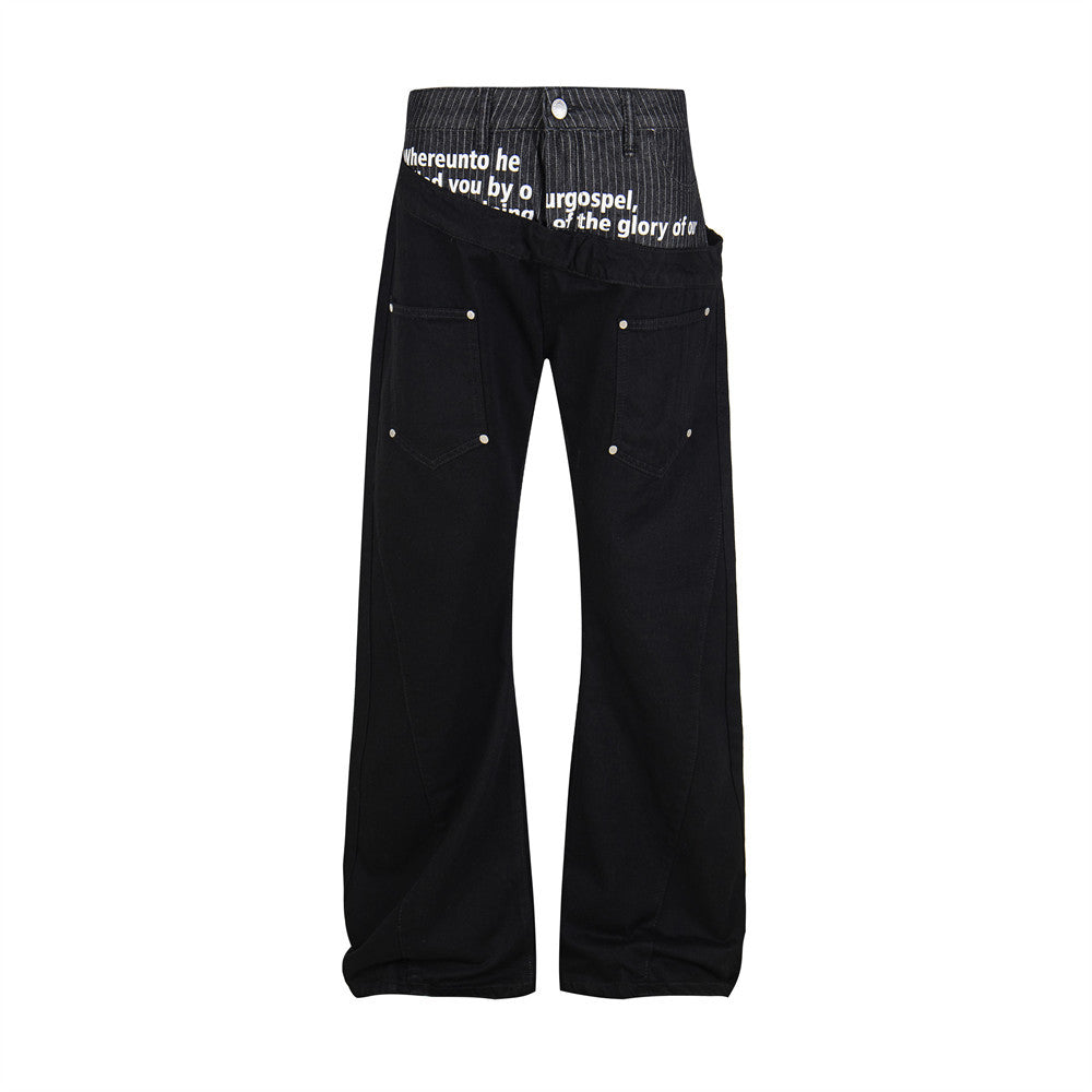 Irregular Spliced Wide-Leg Flare Jeans with Letter Print Waistband
