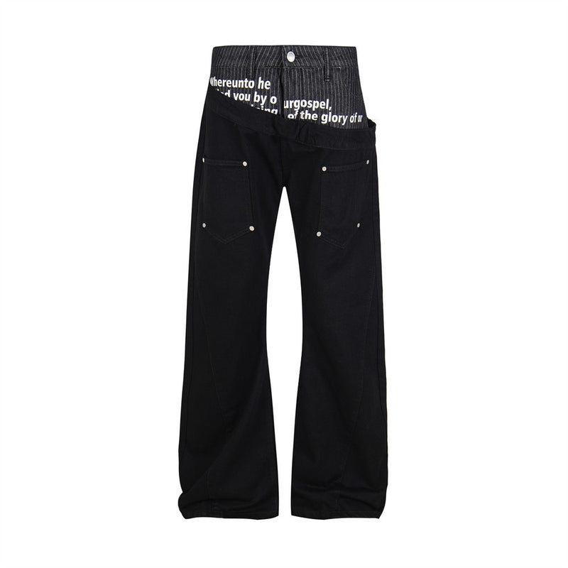Irregular Spliced Wide-Leg Flare Jeans with Letter Print Waistband