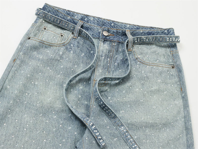Y2K Baggy Jeans Mens Wide-Leg Rhinestone Embellished Denim Pants
