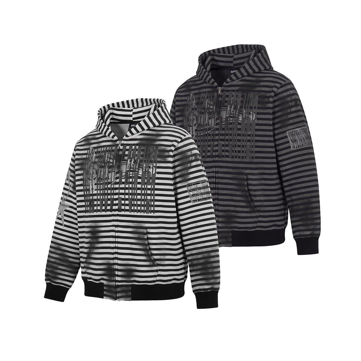 Striped Zip-Up Hoodie – Distressed Dark Streetwear with Music Graphic Print