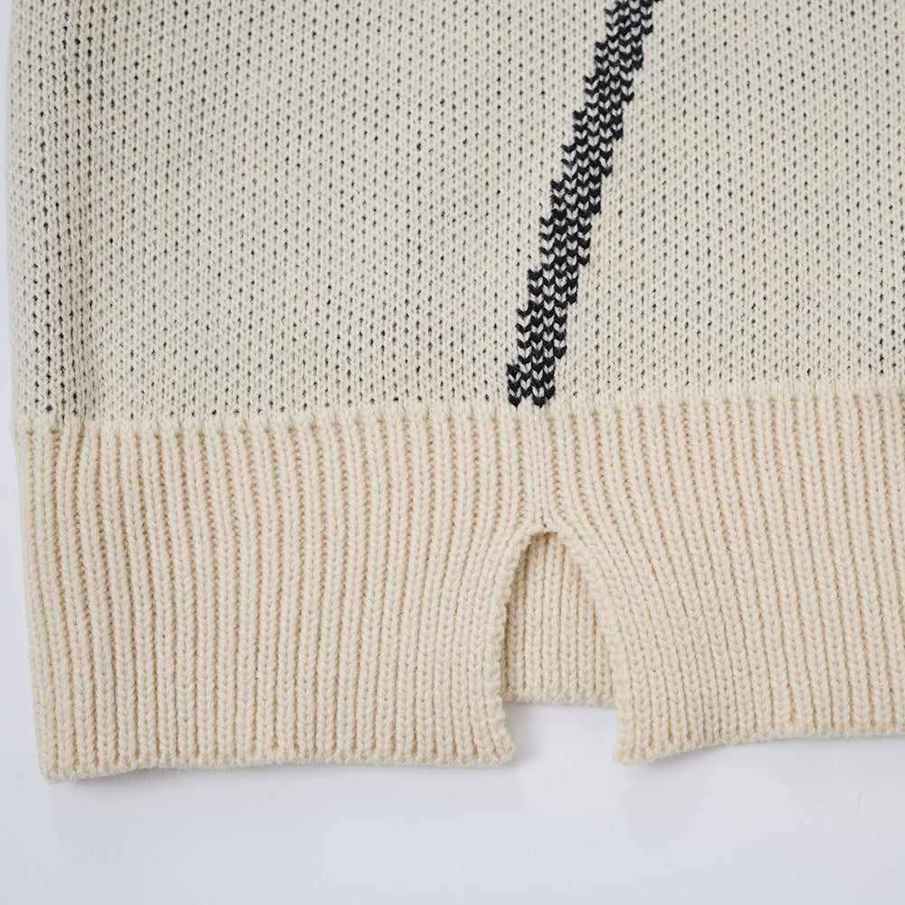 Men Crew Neck Sweater Oversized Star Knit Distressed Colorblock