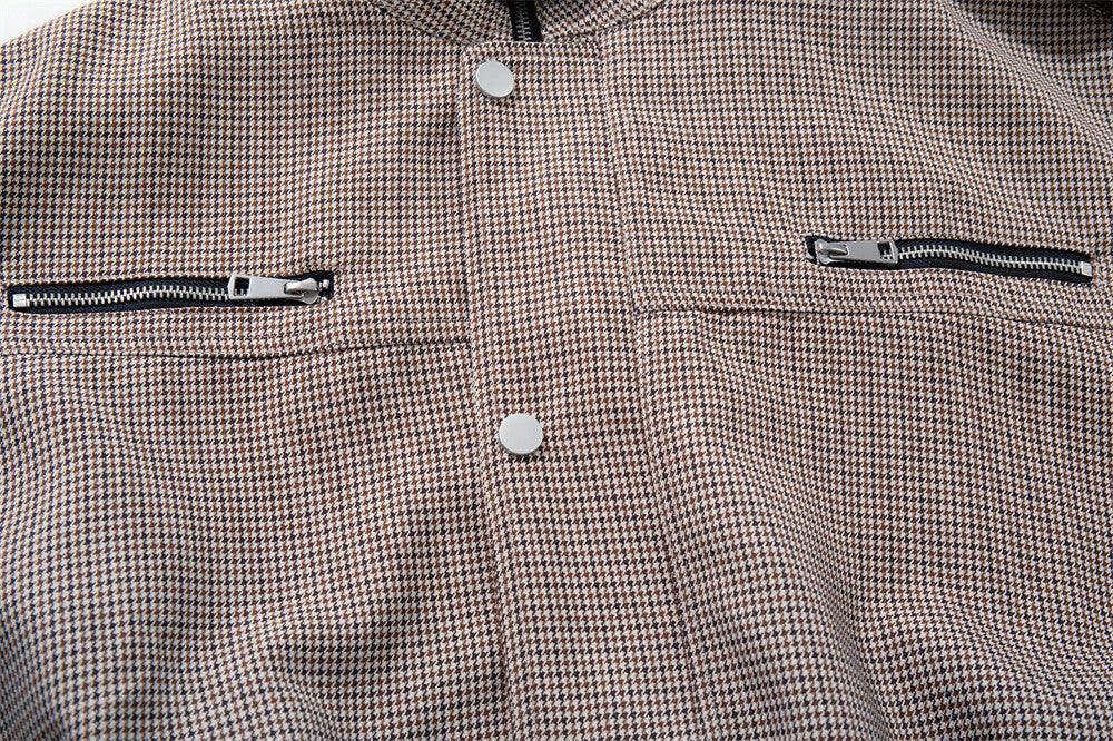Veste oversize à col montant en pied-de-poule – Manteau streetwear à poches zippées multiples