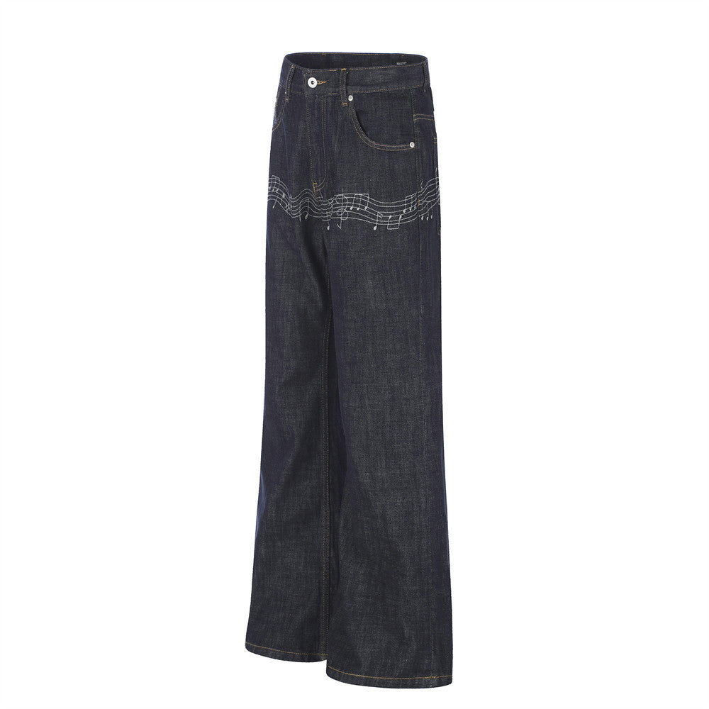 Wide-Leg Raw Denim Jeans with Music Note Embroidery