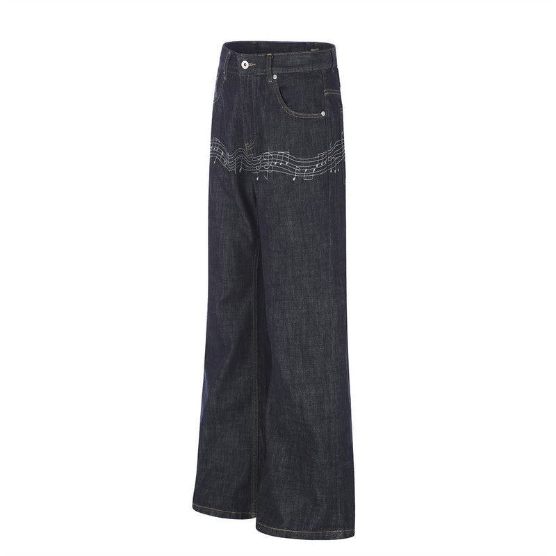 Wide-Leg Raw Denim Jeans with Music Note Embroidery
