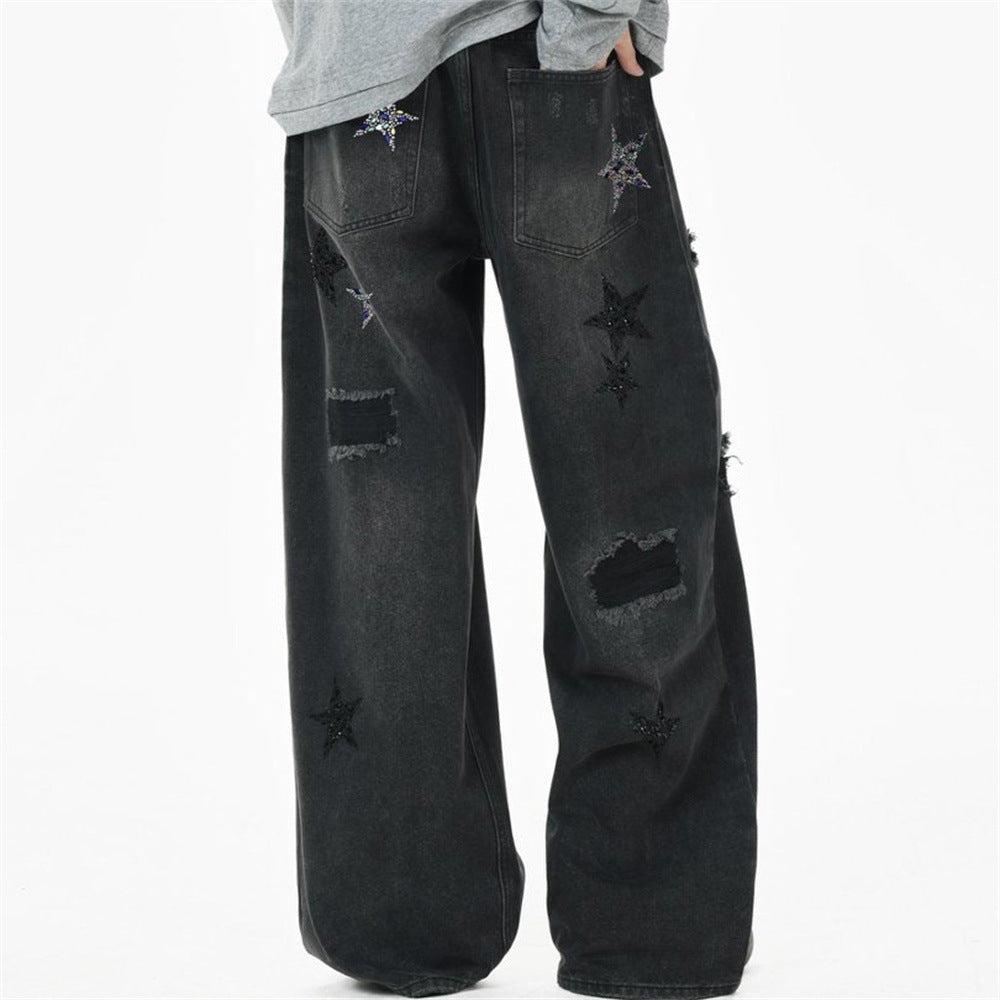 Ripped Baggy Jeans Men – Star Rhinestone & Sequin Wide-Leg Black Distressed