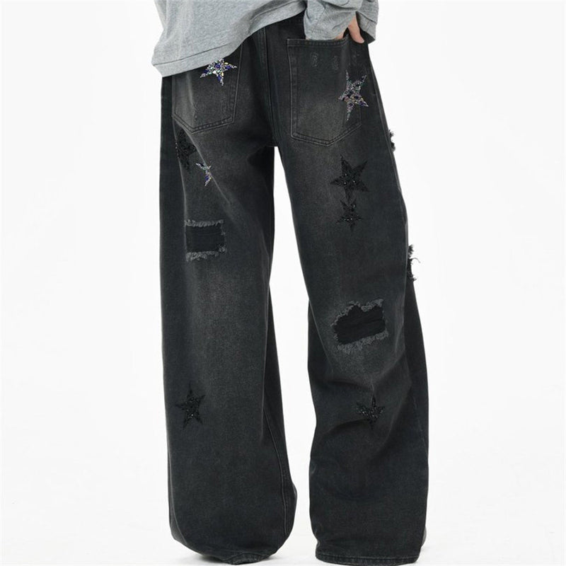 Ripped Baggy Jeans Men – Star Rhinestone & Sequin Wide-Leg Black Distressed