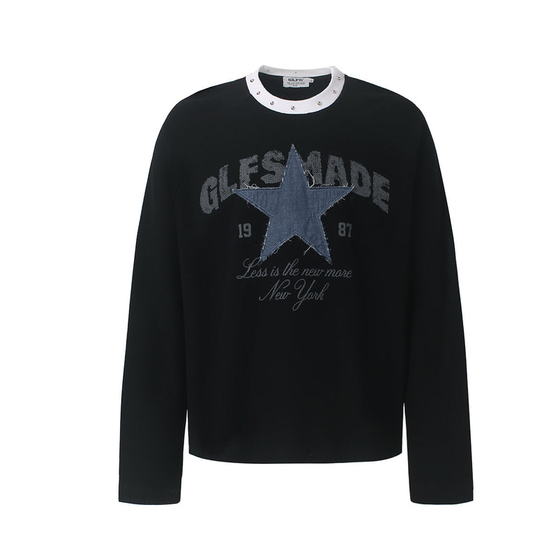 Long Sleeve Waffle-Knit Star Patch Graphic Shirt – GLFSMADE 1987 Studded Collar