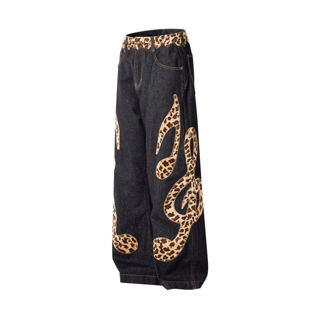 Loose Fit Jeans Men – Black Wide-Leg Denim with Leopard Print Appliqué Patches