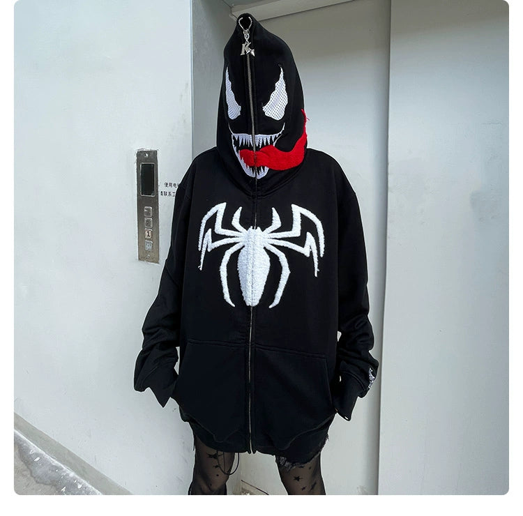 Venom-Inspired Hoodie with Signature Tongue and Spider Logo Design